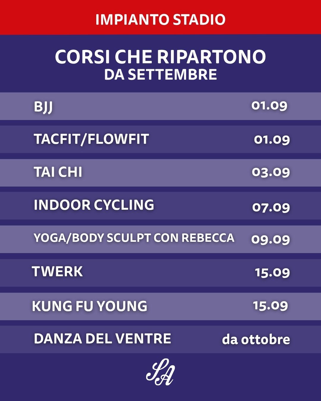 CALENDARIO CORSI che ripartono da settembre